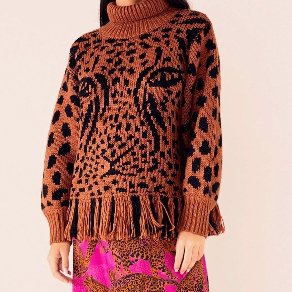 Farm Rio Caramel Midnight Leopard Sweater